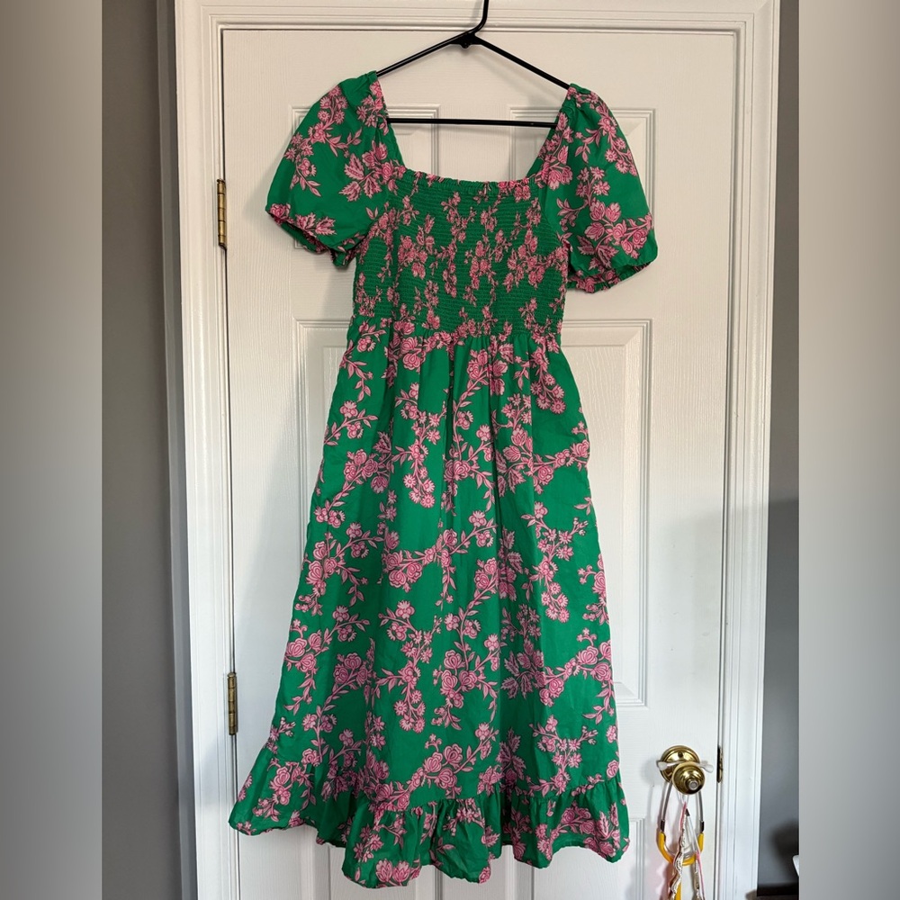 J Crew Smocked Midi Dress Size XS Emerald Island Tropical